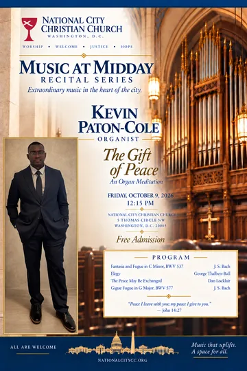 Flyer for The Gift of Peace organ recital on October 9, 2026